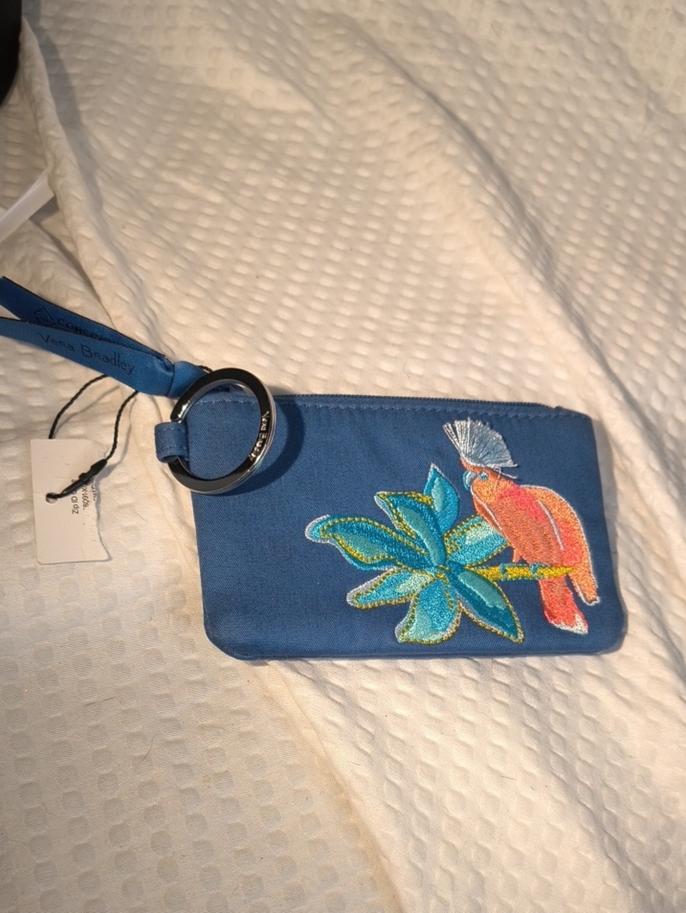 Vera Bradley Zip ID Case In  Blue Rain Forest Canopy Embroidered Parrot Wristlet
